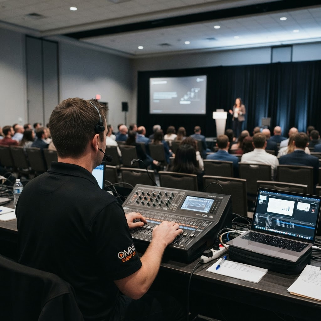 An AV technician running audio and presentation playback from a compact control station at an event