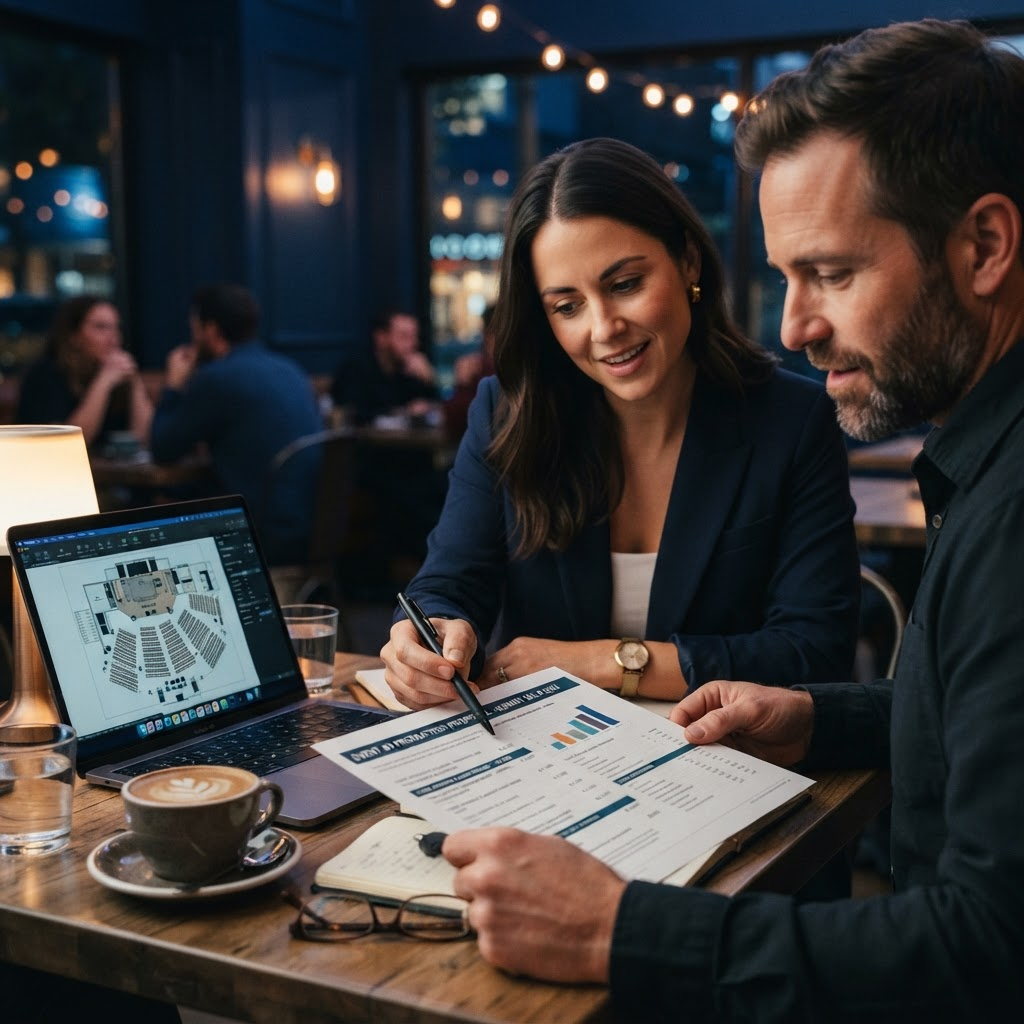 Two people reviewing a printed AV production proposal together at a table